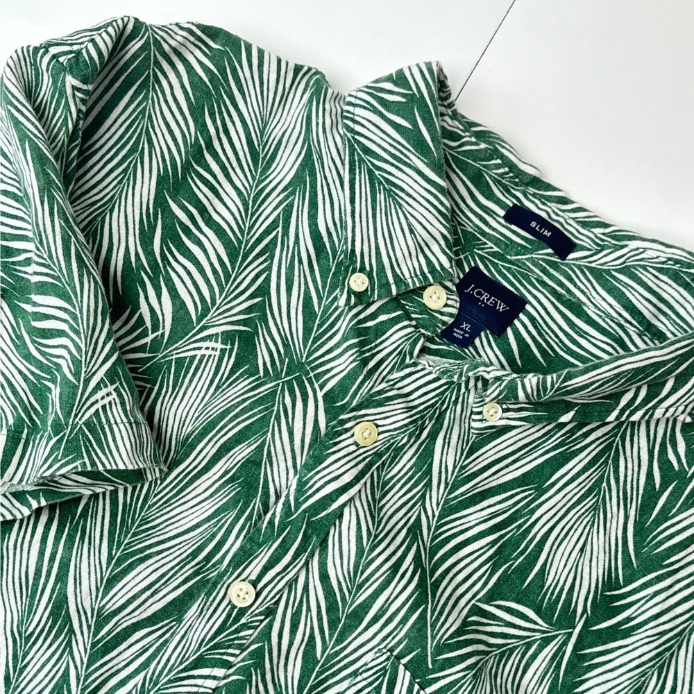 J.Crew Mens XL Slim Fit Green White Palm Leaf Linen Cotton Short Sleeve Shirt